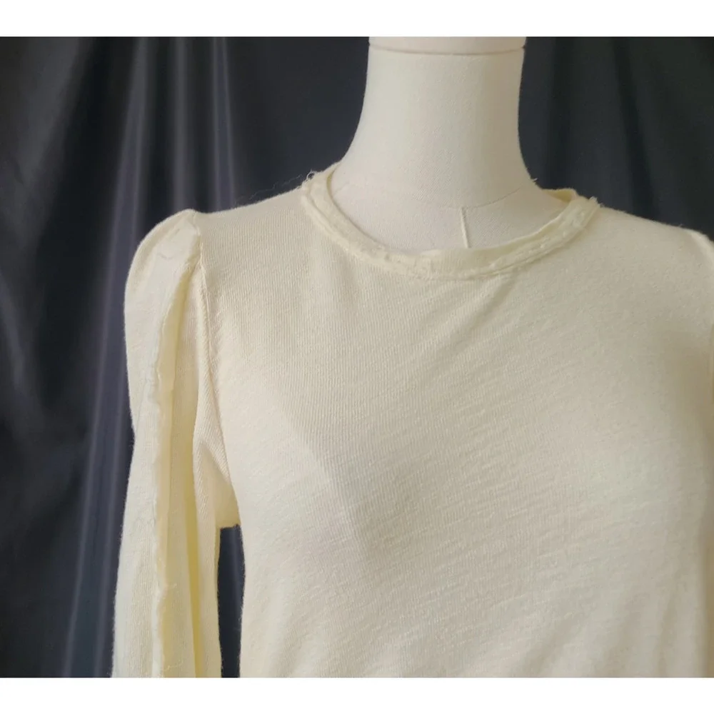 Anthropologie Pilcro Womens Cream Ruffle Sleeve Slub Knit Sweater Top XS
